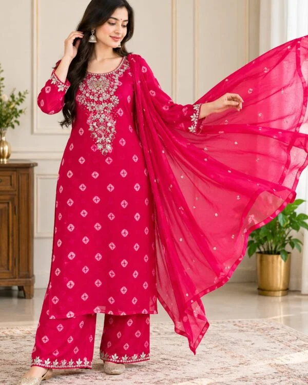 Rani pink georgette mirror work kurti palazzo set with chiffon dupatta – view 5