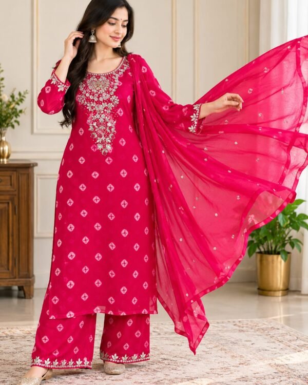 Rani pink georgette mirror work kurti palazzo set with chiffon dupatta – view 5