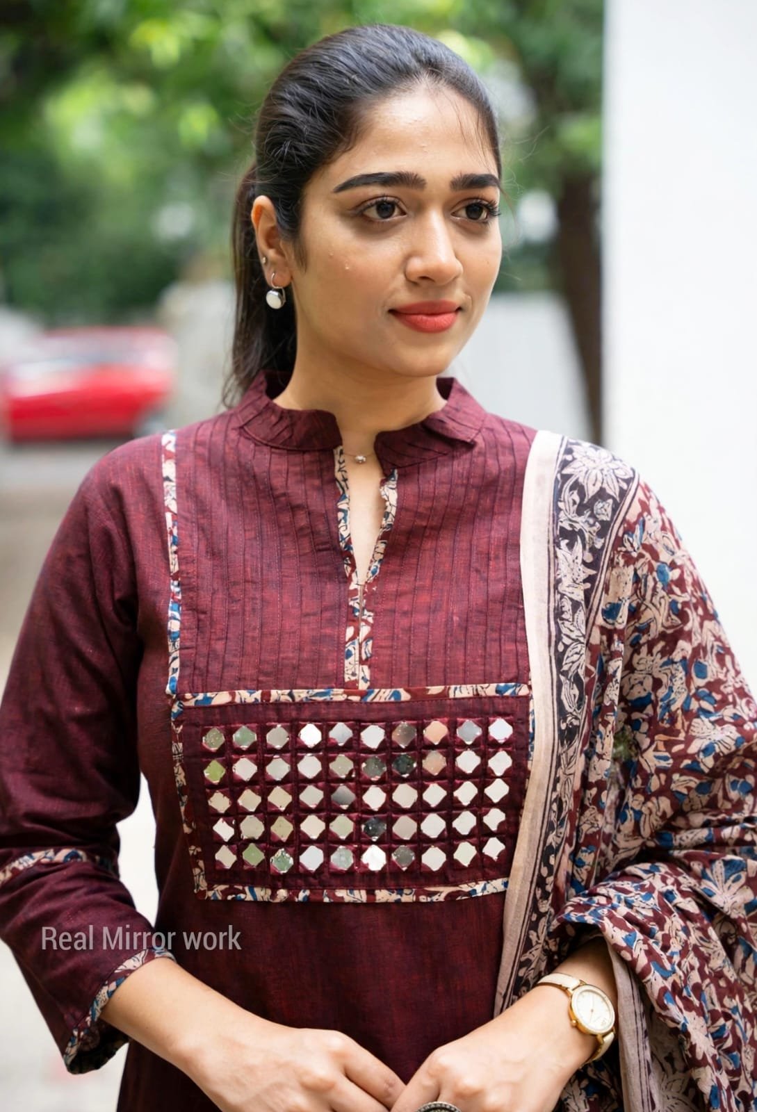 Pure Handloom Kalamkari Cotton Kurti Set with Real Mirror Work 2 Wine handloom Kalamkari cotton kurti set with real mirror work – view 9