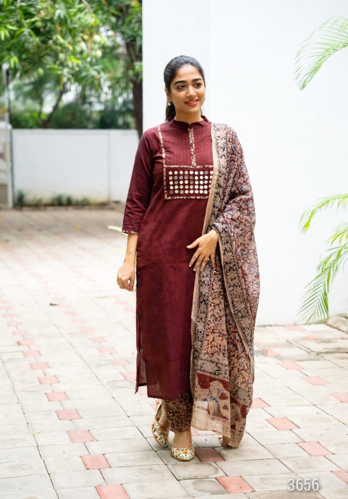 Pure Handloom Kalamkari Cotton Kurti Set with Real Mirror Work 1 Wine handloom Kalamkari cotton kurti set with real mirror work – view 10