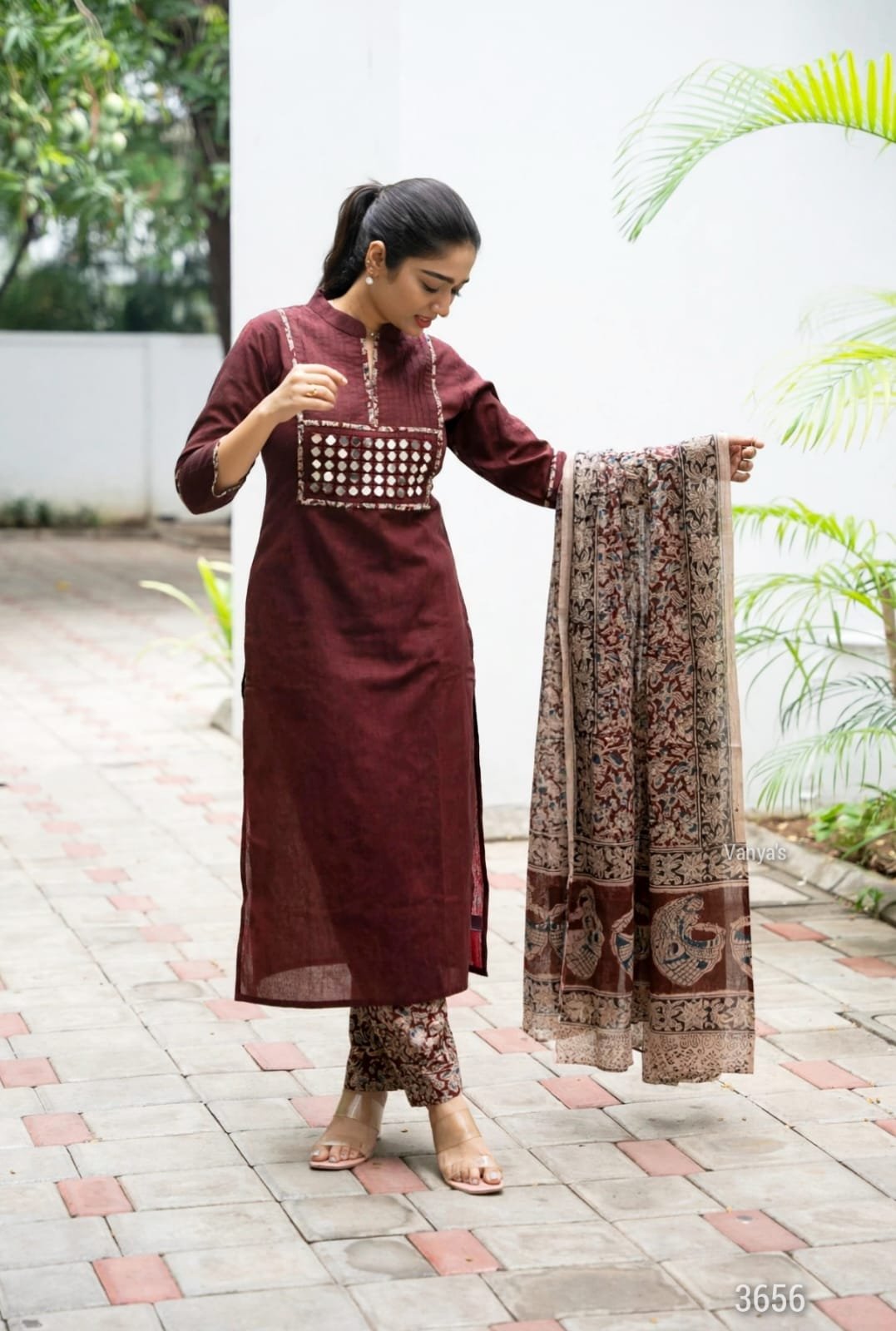 Pure Handloom Kalamkari Cotton Kurti Set with Real Mirror Work 10 Wine handloom Kalamkari cotton kurti set with real mirror work – view 8