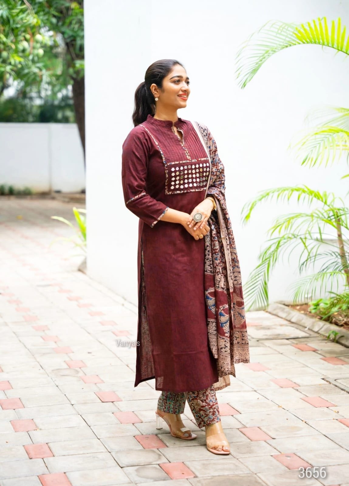 Pure Handloom Kalamkari Cotton Kurti Set with Real Mirror Work 9 Wine handloom Kalamkari cotton kurti set with real mirror work – view 7