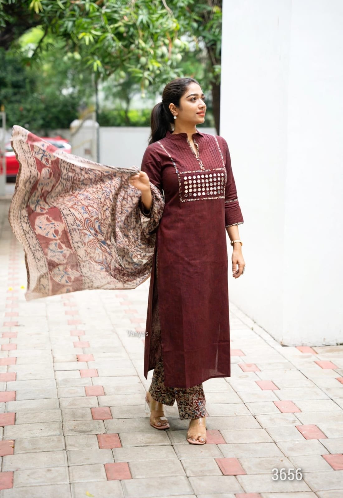 Pure Handloom Kalamkari Cotton Kurti Set with Real Mirror Work 8 Wine handloom Kalamkari cotton kurti set with real mirror work – view 6