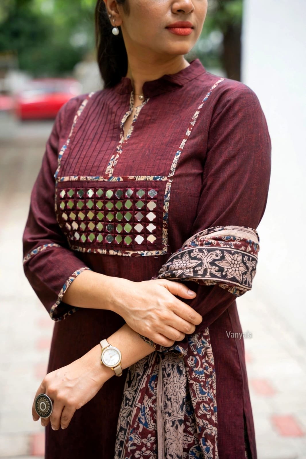 Pure Handloom Kalamkari Cotton Kurti Set with Real Mirror Work 7 Wine handloom Kalamkari cotton kurti set with real mirror work – view 5
