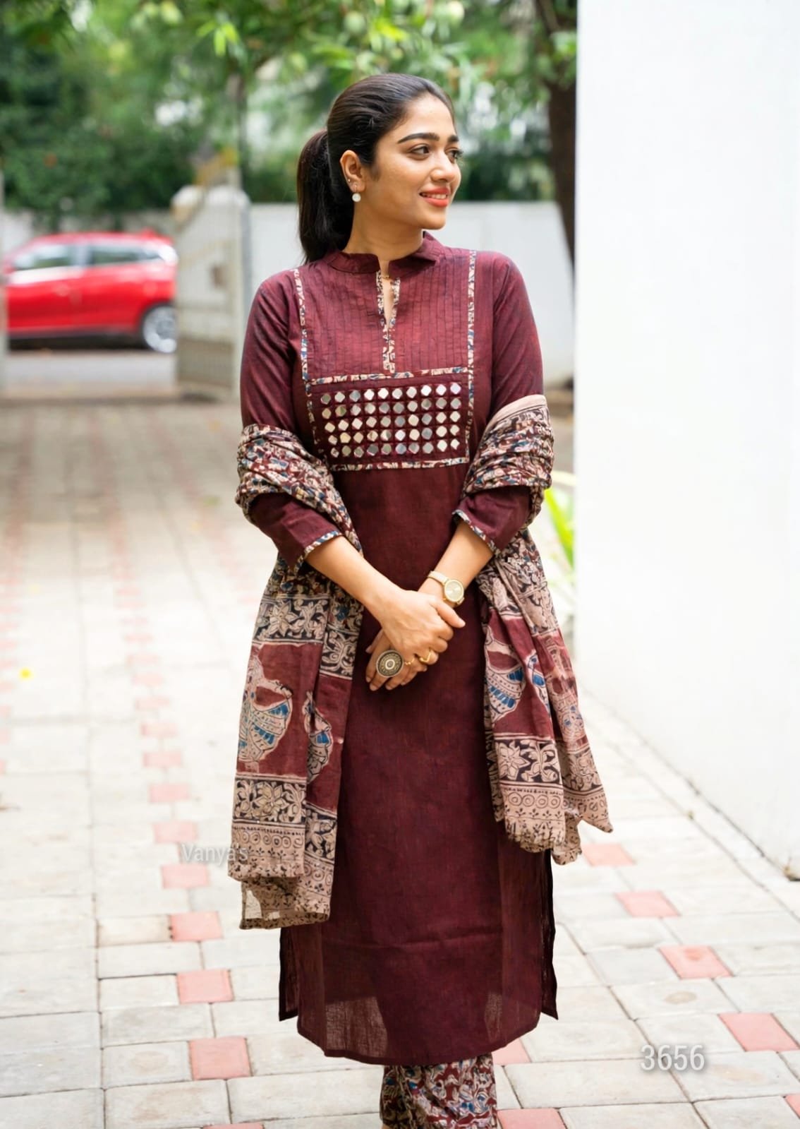 Pure Handloom Kalamkari Cotton Kurti Set with Real Mirror Work 6 Wine handloom Kalamkari cotton kurti set with real mirror work – view 4