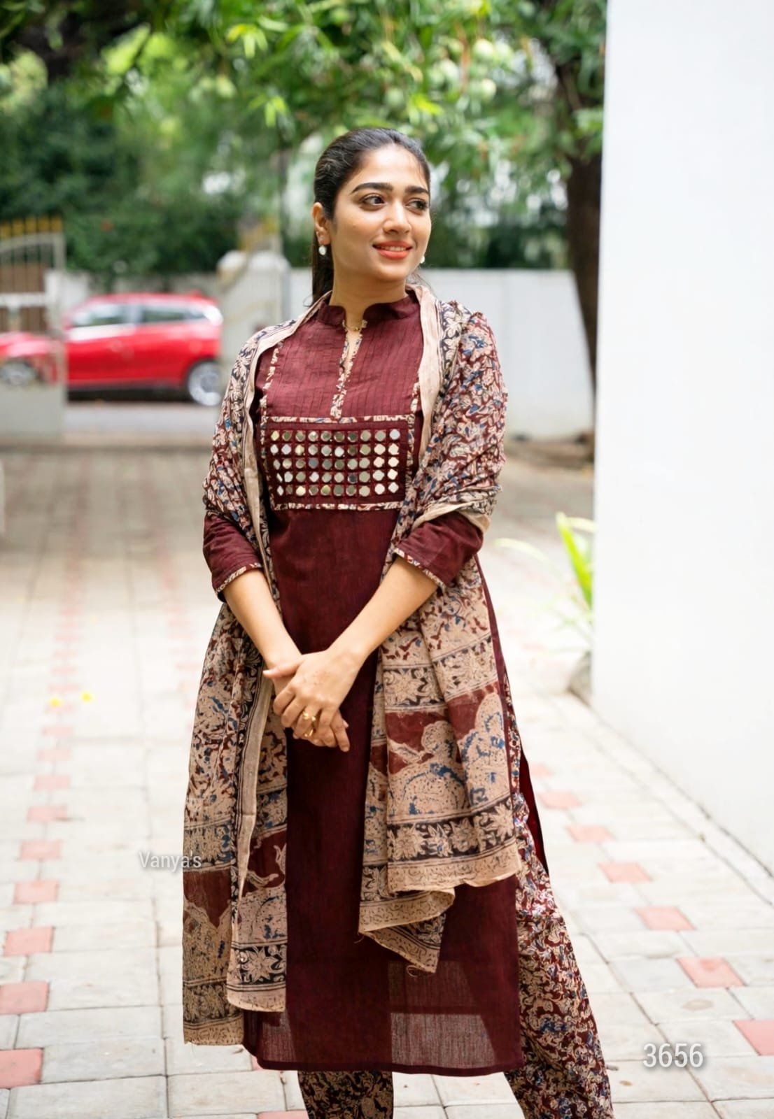 Pure Handloom Kalamkari Cotton Kurti Set with Real Mirror Work 5 Wine handloom Kalamkari cotton kurti set with real mirror work – view 3