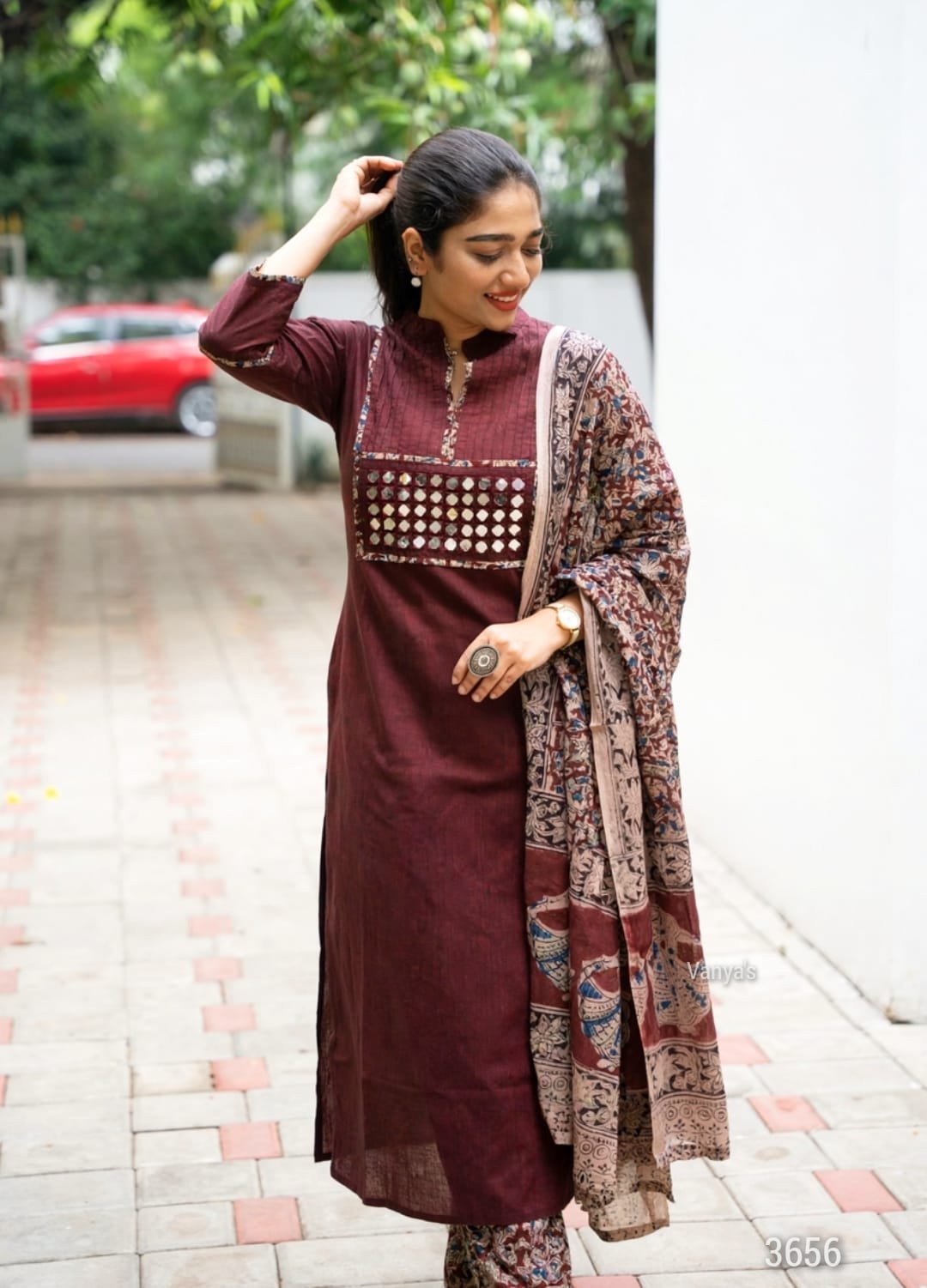 Pure Handloom Kalamkari Cotton Kurti Set with Real Mirror Work 4 Wine handloom Kalamkari cotton kurti set with real mirror work – view 2