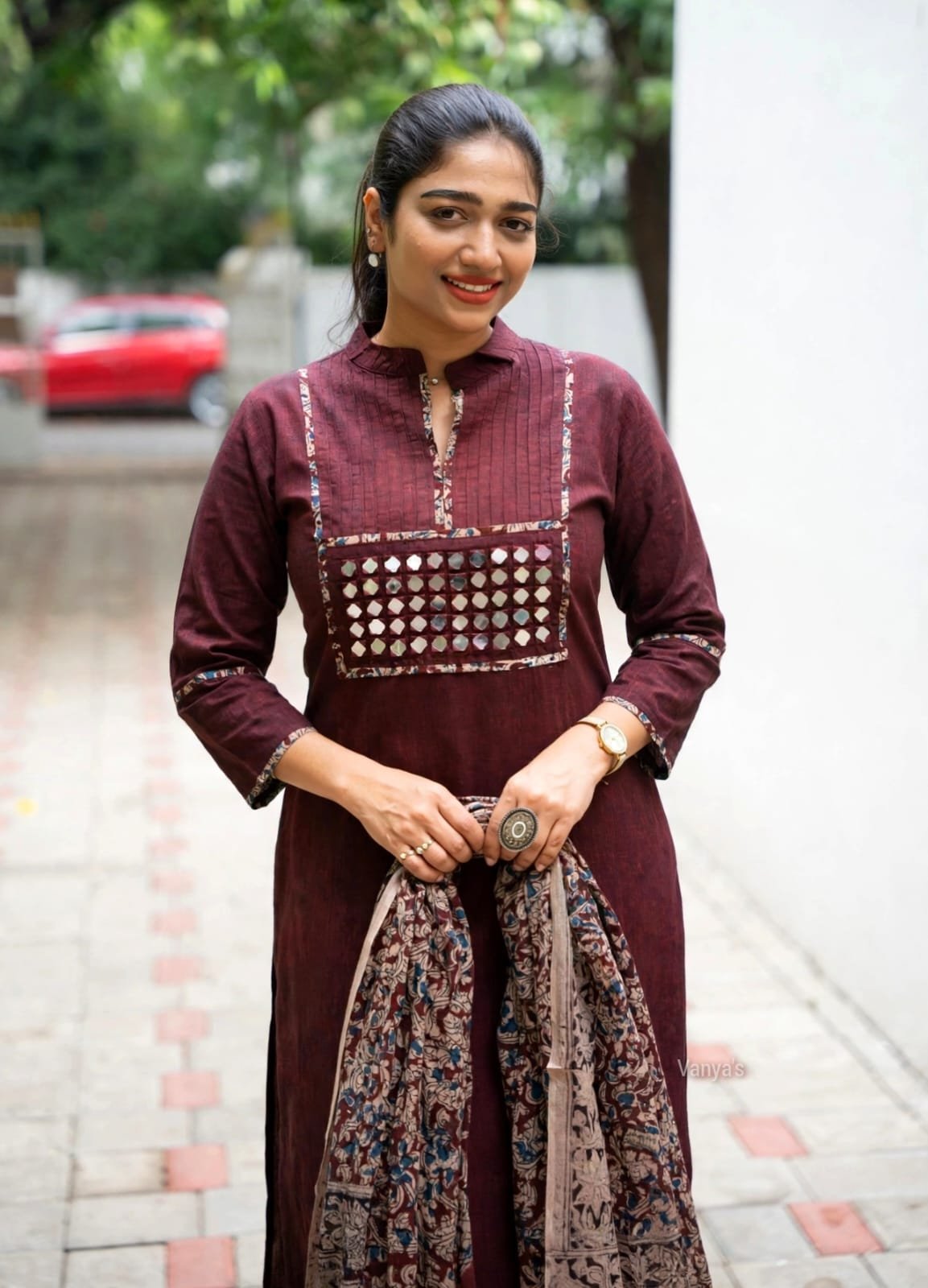 Pure Handloom Kalamkari Cotton Kurti Set with Real Mirror Work 3 Wine handloom Kalamkari cotton kurti set with real mirror work – view 1