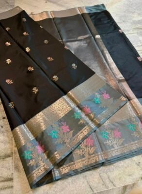 Black Banarasi Semi Katan Soft Silk Saree with grey blue floral zari border