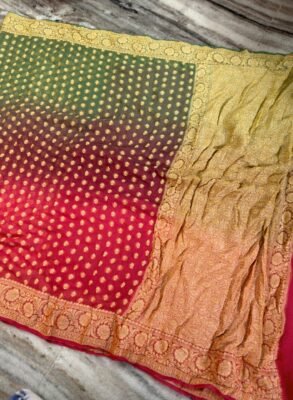 Banarasi Pure Crepe Chiffon Saree in green and pink shaded colours with golden zari