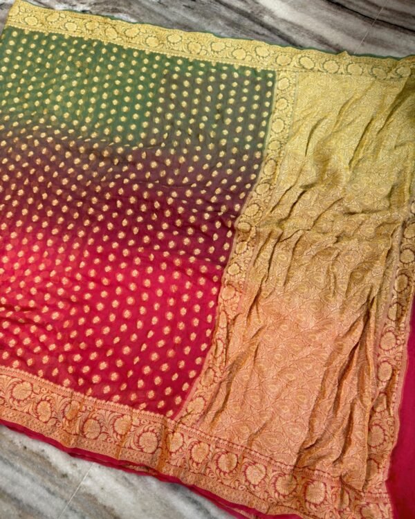 Banarasi Pure Crepe Chiffon Saree in green and pink shaded colours with golden zari