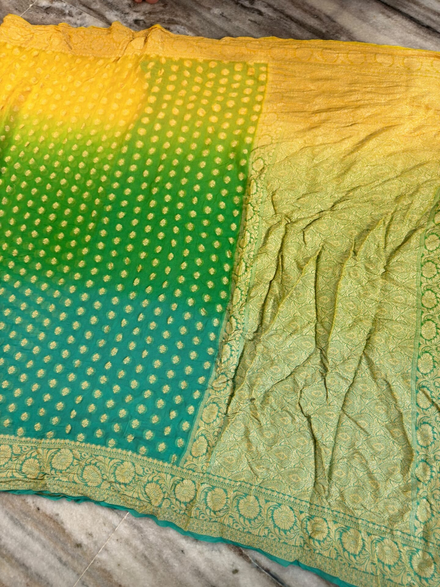 Banarasi Pure Crepe Chiffon Saree – Vibrant Shaded Colours 2 Banarasi Pure Crepe Chiffon Saree in yellow green and turquoise shades