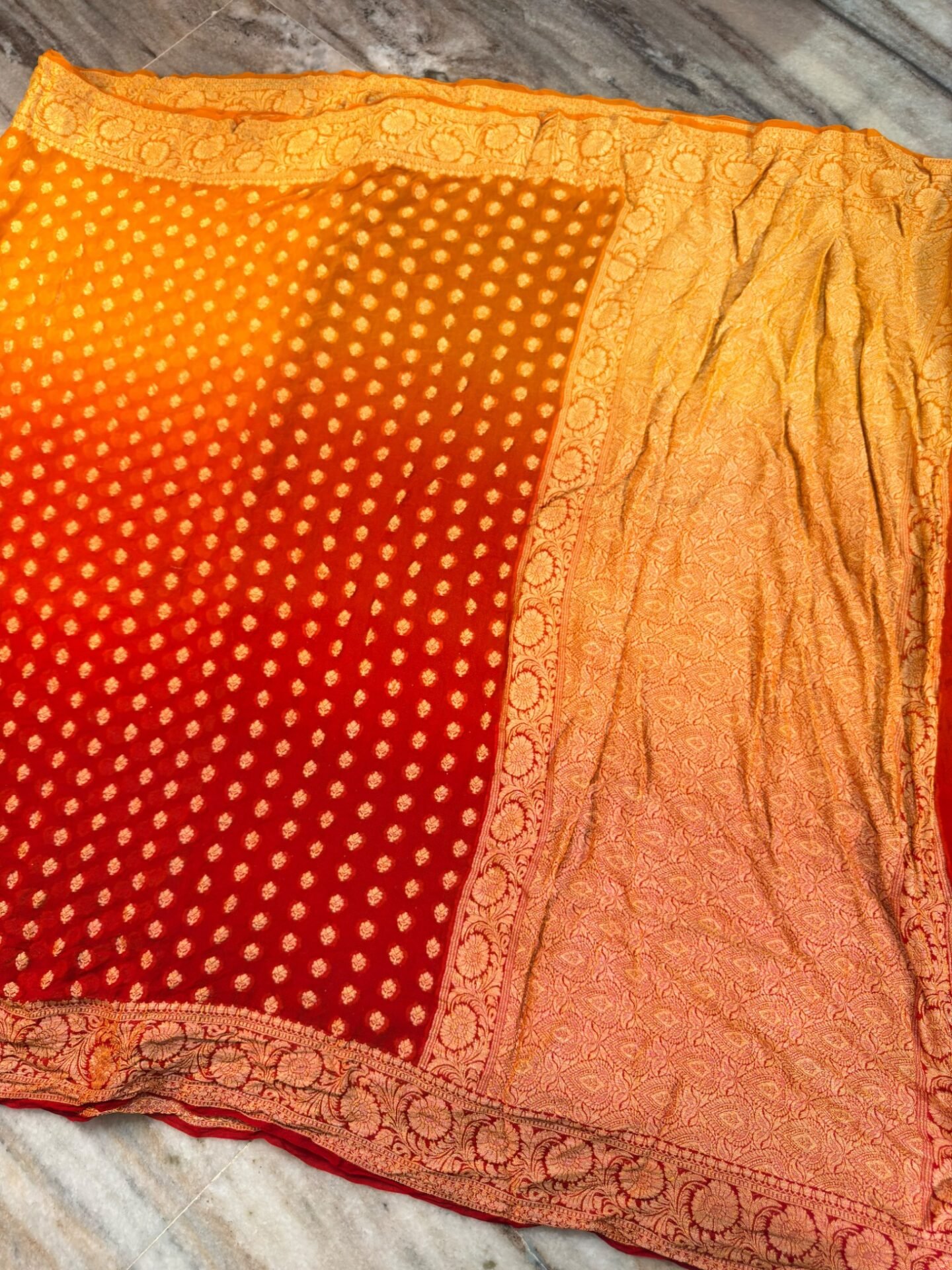 Banarasi Pure Crepe Chiffon Saree – Vibrant Shaded Colours 3 Banarasi Pure Crepe Chiffon Saree in orange and red shaded colours