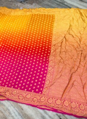 Banarasi Pure Crepe Chiffon Saree in pink orange and yellow shades