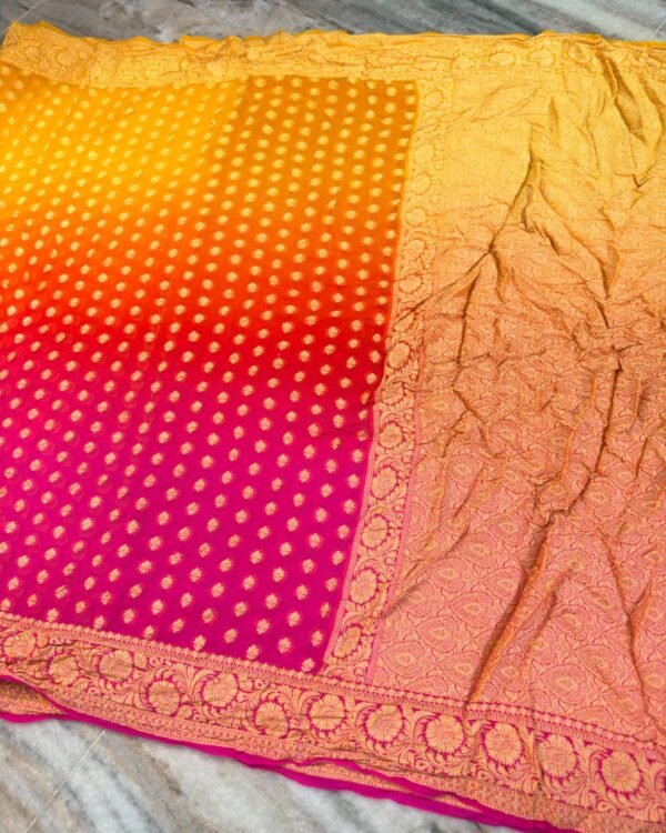 Banarasi Pure Crepe Chiffon Saree in pink orange and yellow shades