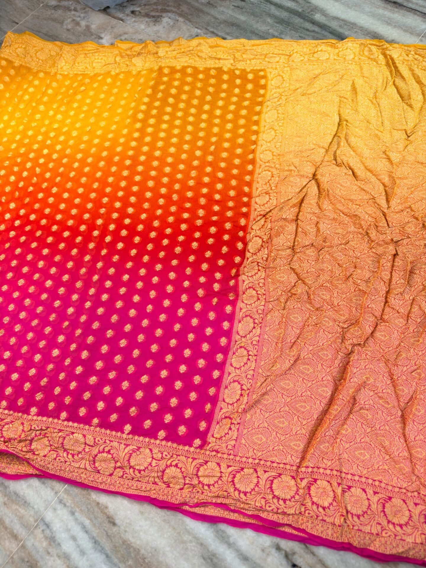 Banarasi Pure Crepe Chiffon Saree – Vibrant Shaded Colours 1 Banarasi Pure Crepe Chiffon Saree in pink orange and yellow shades