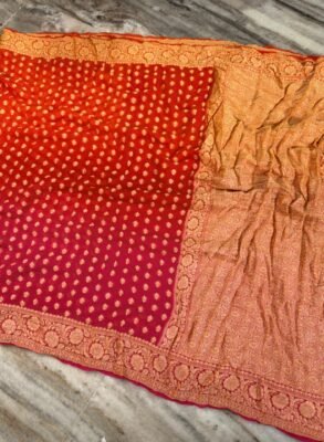 Banarasi Pure Crepe Chiffon Saree in red orange and pink shaded colours