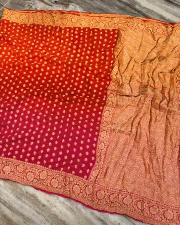 Banarasi Pure Crepe Chiffon Saree in red orange and pink shaded colours