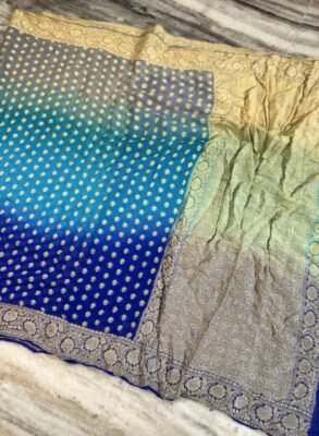 Banarasi Pure Crepe Chiffon Saree in royal blue turquoise blue and grey shades