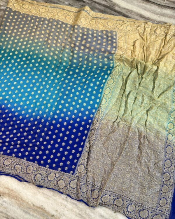 Banarasi Pure Crepe Chiffon Saree in royal blue turquoise blue and grey shades