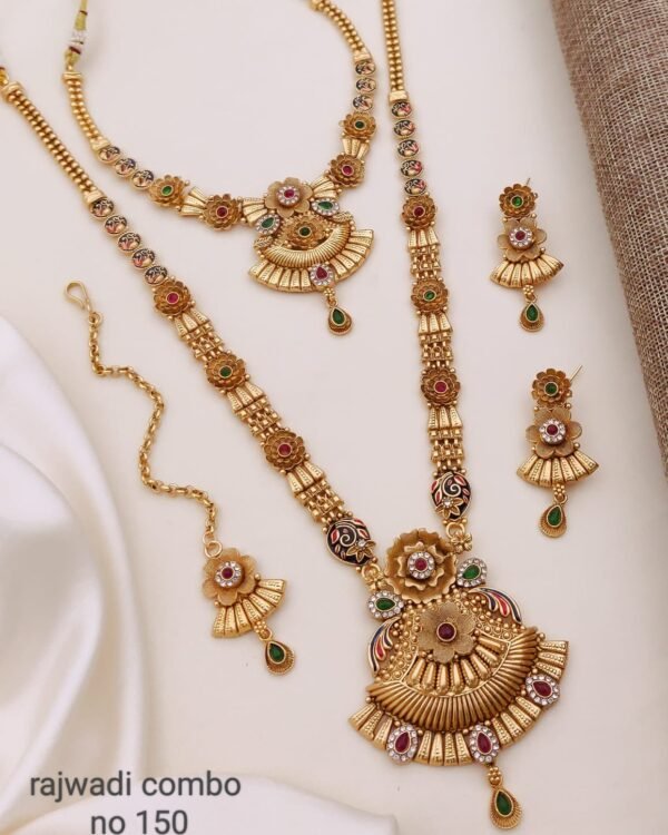 Rajwadi Antique Jewellery Combo Set Design 01 with floral pendants and red green accents