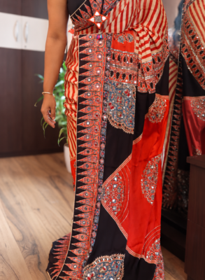 Pure Modal Ajrakh Saree with original mirrors cutdana pearl and sequin hand embroidery