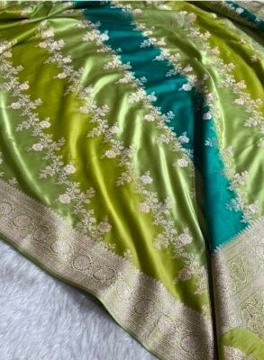 Lime Green and Teal Banarasi Mashroo Katan Silk Saree 3 Lime Green and Teal Banarasi Mashroo Katan silk saree with Ada floral pattern