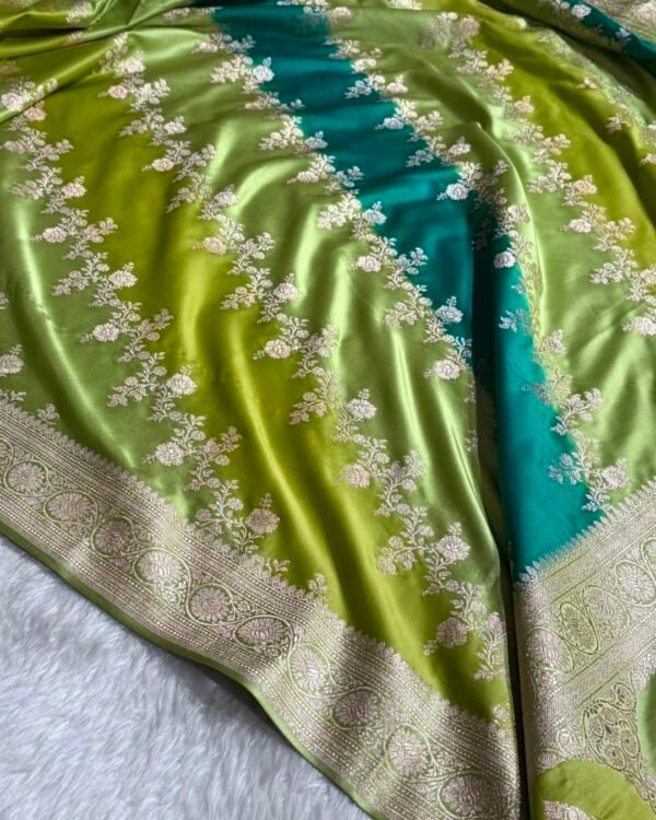 Lime Green and Teal Banarasi Mashroo Katan silk saree with Ada floral pattern
