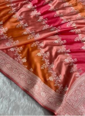 Orange and Coral Banarasi Mashroo Katan Silk Saree 1 Orange and Coral Banarasi Mashroo Katan silk saree with Ada floral pattern