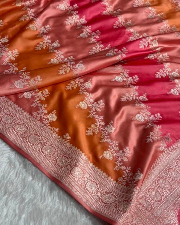 Orange and Coral Banarasi Mashroo Katan silk saree with Ada floral pattern