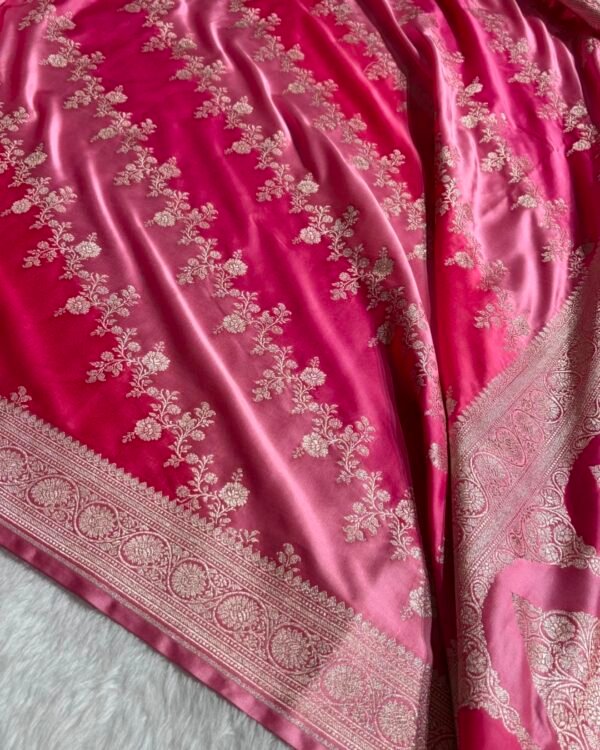 Pink and Rose Banarasi Mashroo Katan silk saree with Ada floral pattern