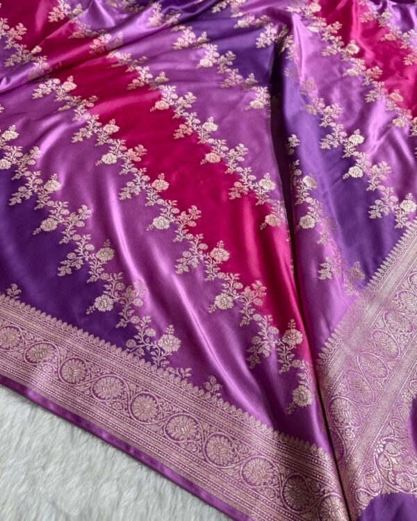 Purple and Magenta Banarasi Mashroo Katan silk saree with Ada floral pattern