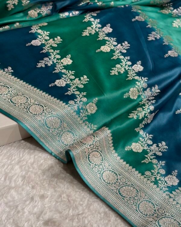 Teal and Navy Blue Banarasi Mashroo Katan silk saree with Ada floral pattern