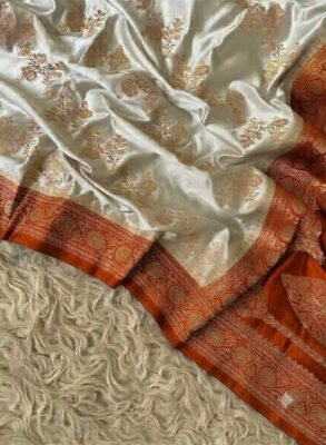 Banarasi Mashru Silk Saree — Cream with Rust Border with Aaada floral pattern
