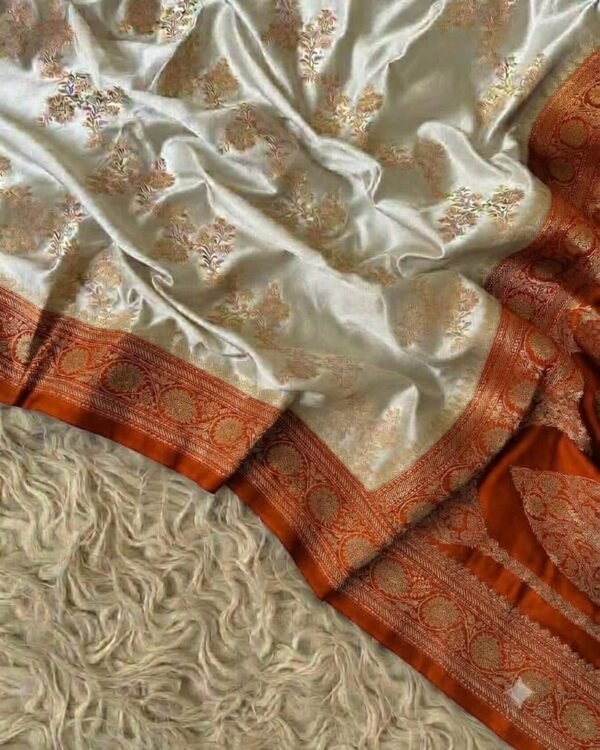 Banarasi Mashru Silk Saree — Cream with Rust Border with Aaada floral pattern