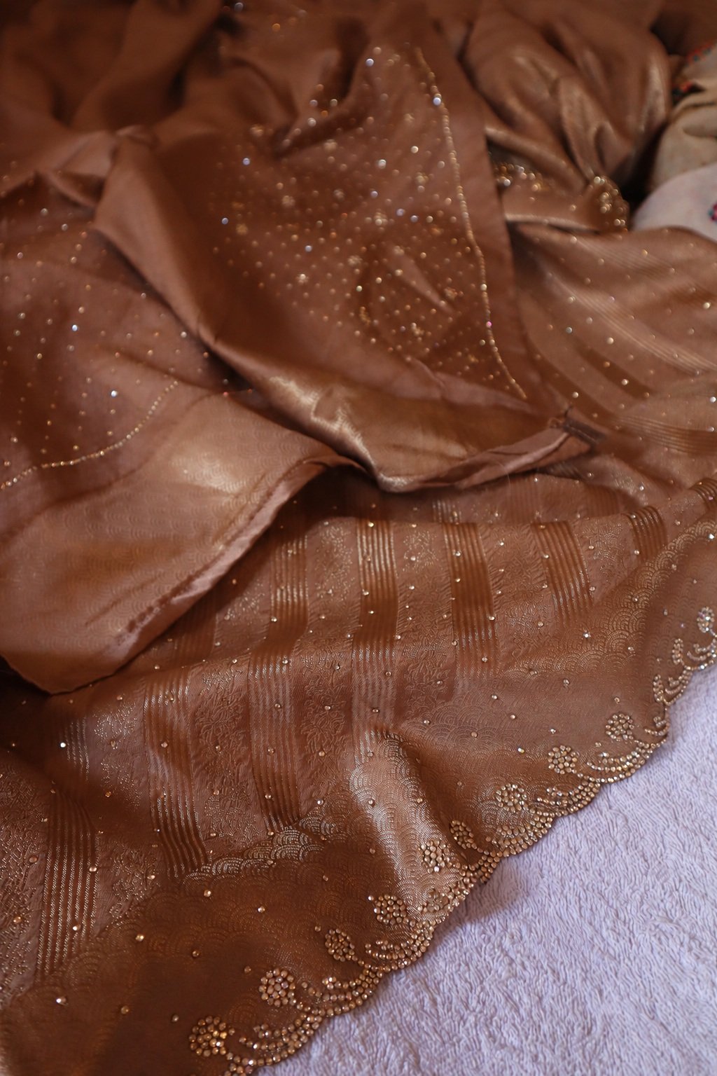 Banarasi Silk Saree with Swarovski Work 7 Banarasi silk saree with Swarovski work – rose gold blouse detail