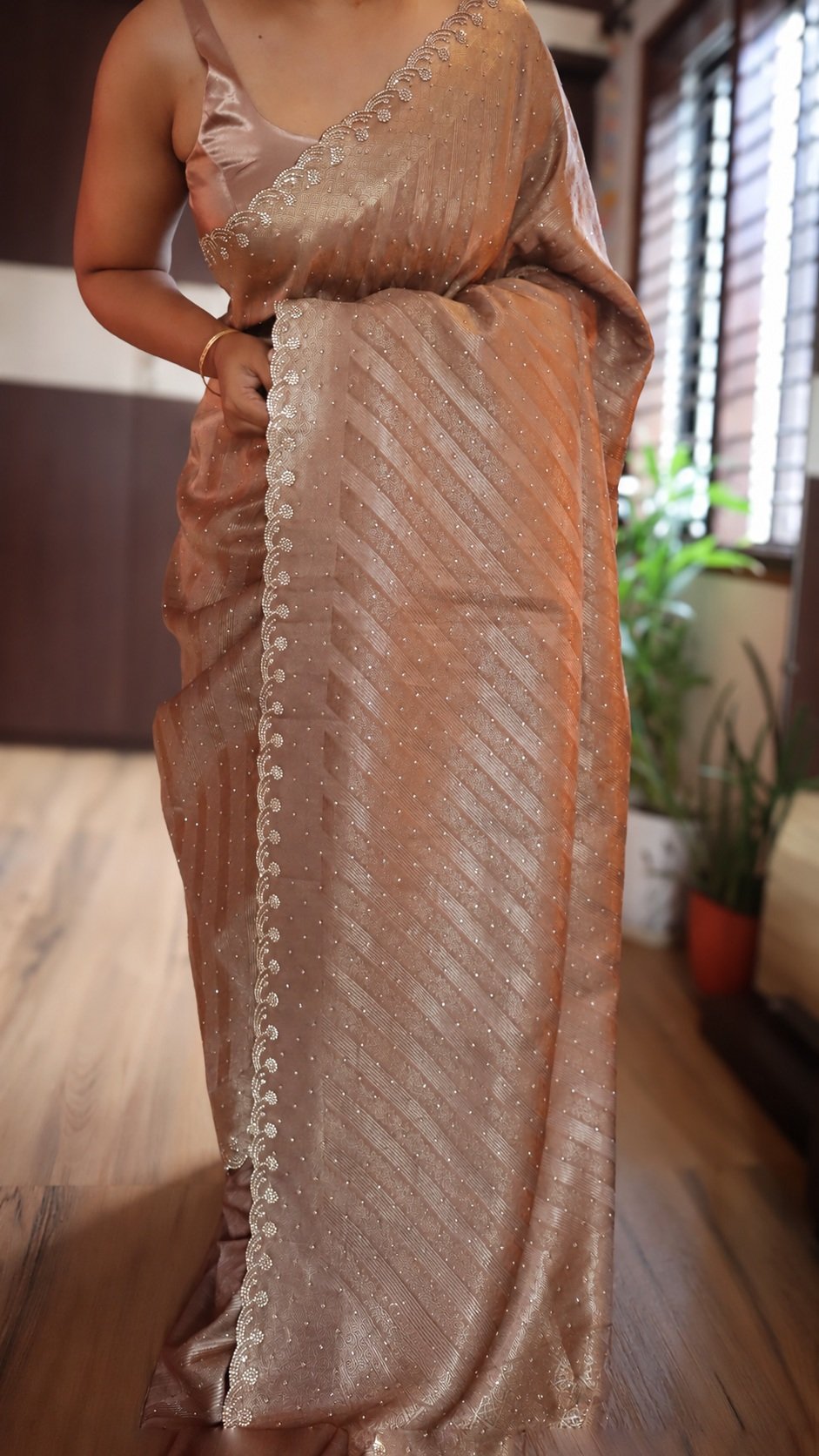 Banarasi Silk Saree with Swarovski Work 8 Banarasi silk saree with Swarovski work – rose gold full view