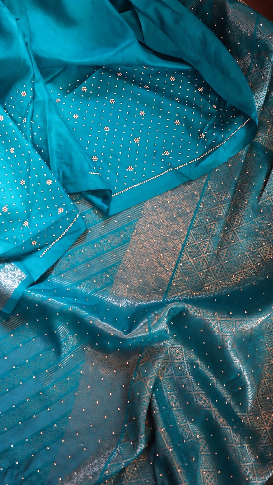 Banarasi Silk Saree with Swarovski Work 3 Banarasi silk saree with Swarovski work – turquoise blouse detail