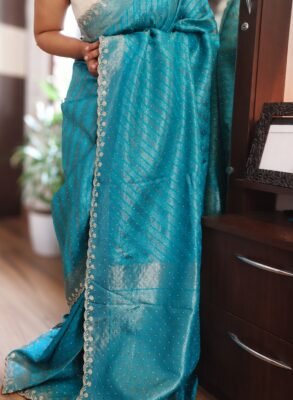 Banarasi silk saree with Swarovski work – turquoise full view