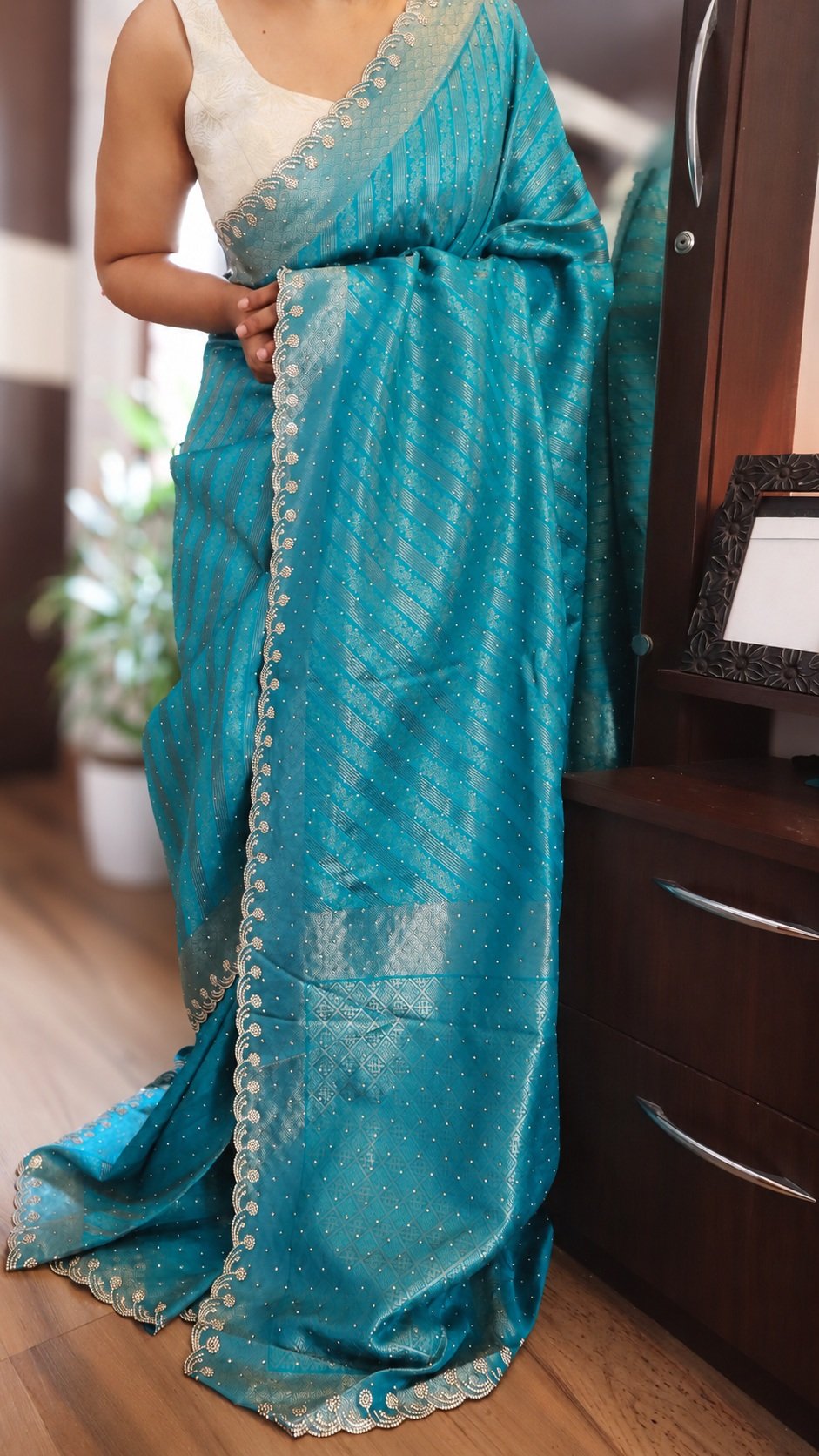 Banarasi Silk Saree with Swarovski Work 1 Banarasi silk saree with Swarovski work – turquoise full view