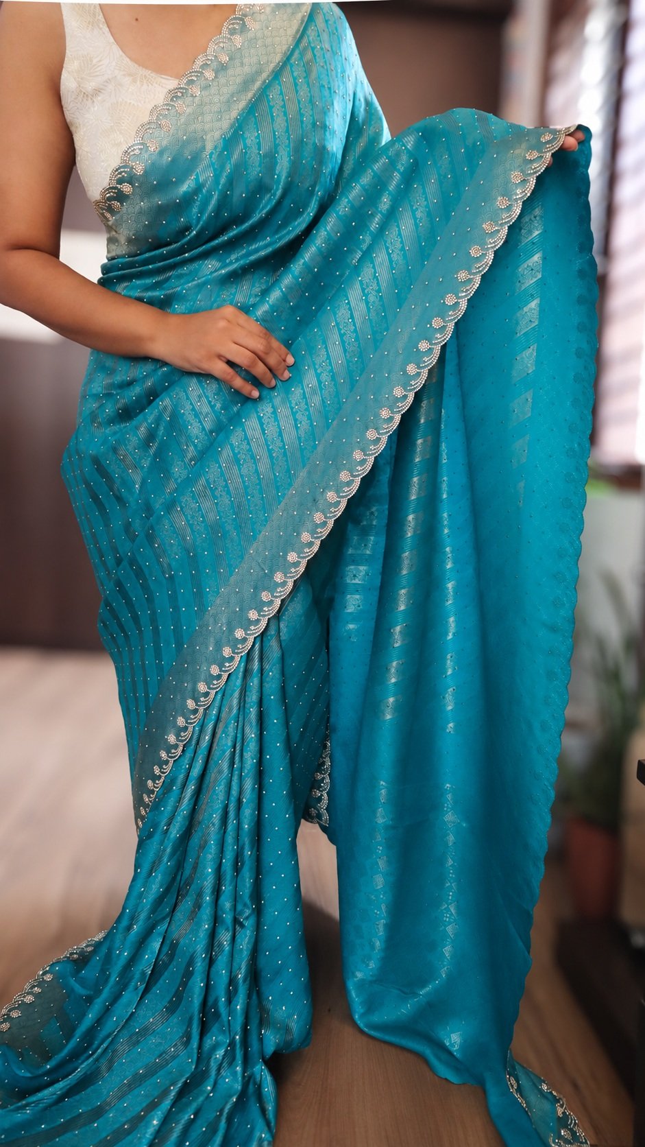 Banarasi Silk Saree with Swarovski Work 2 Banarasi silk saree with Swarovski work – turquoise pallu