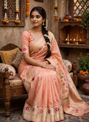 Pure Banarasi Tussar Silk Saree with Water Zari Meenakari 1 Pure Banarasi Tussar silk saree in peach model with water zari, Resham meenakari and designer border