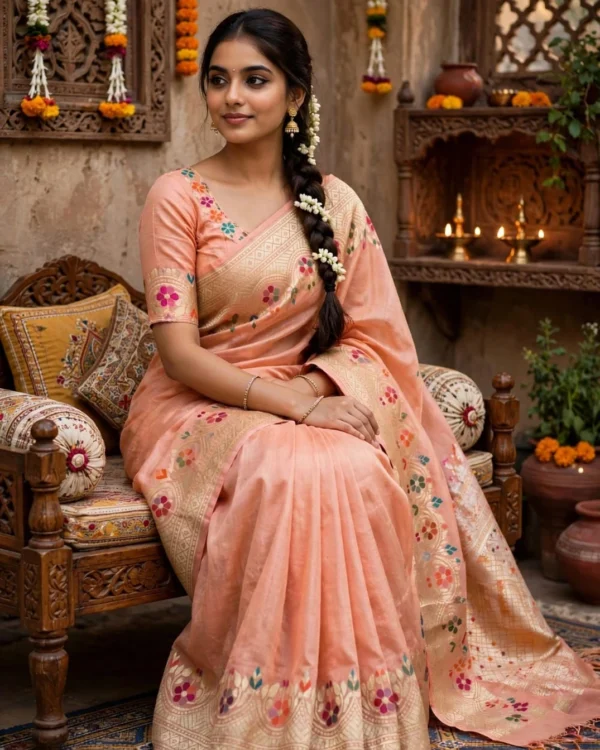 Pure Banarasi Tussar silk saree in peach model with water zari, Resham meenakari and designer border