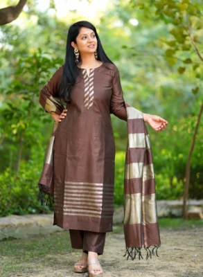 Brown Banarasi Silk Suit Set with Zari Dupatta 9 Brown Banarasi silk suit set with matching pants and golden zari striped dupatta
