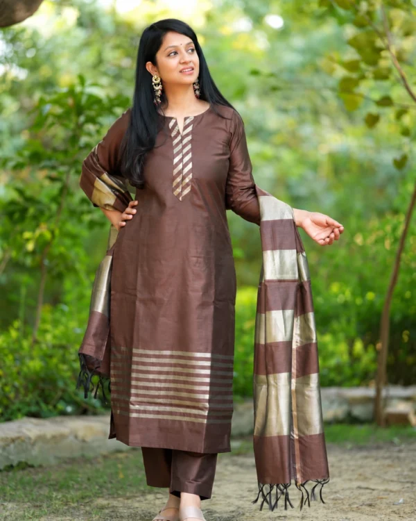 Brown Banarasi silk suit set with matching pants and golden zari striped dupatta