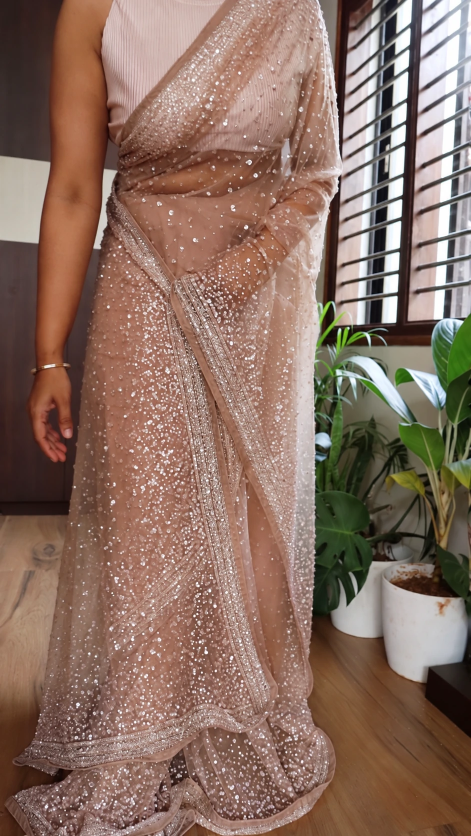 Pure Imported Net Saree with Sequins & Cutdana Handwork 2 Champagne Beige pure imported net saree with sequins and cutdana hand embroidery – drape