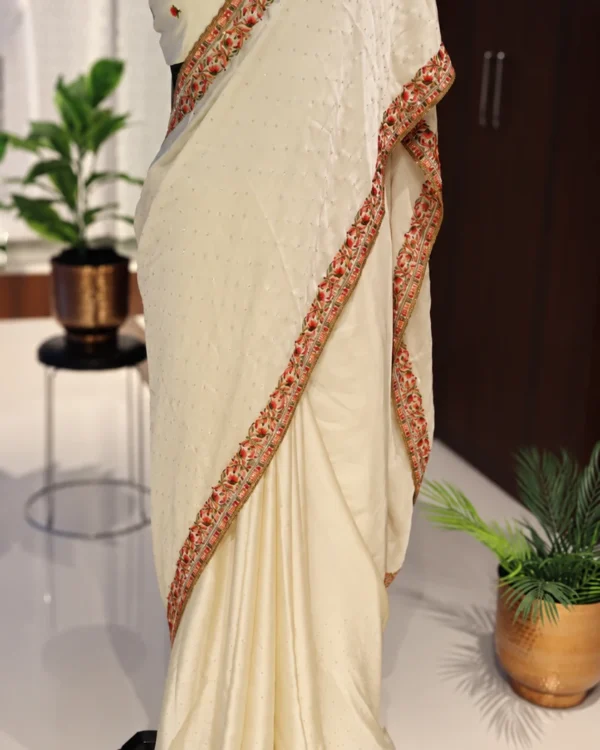 Ivory chiffon silk saree with floral embroidery – full-length view