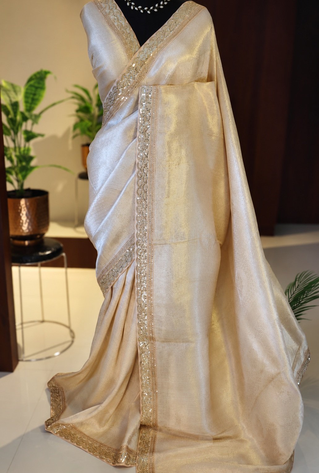 Cream Banarasi Kanchi Pattu Silk Saree with Scalloped Border 1 Cream Banarasi Kanchi pattu silk saree with scalloped border full view