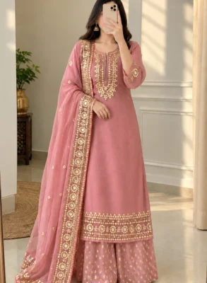 Dusty Pink Georgette Gota Patti Palazzo Suit Set 3 Dusty pink georgette Gota Patti palazzo suit set with lined kurti and matching dupatta