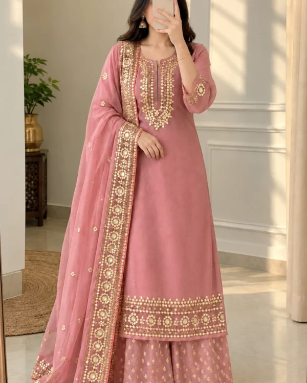 Dusty pink georgette Gota Patti palazzo suit set with lined kurti and matching dupatta